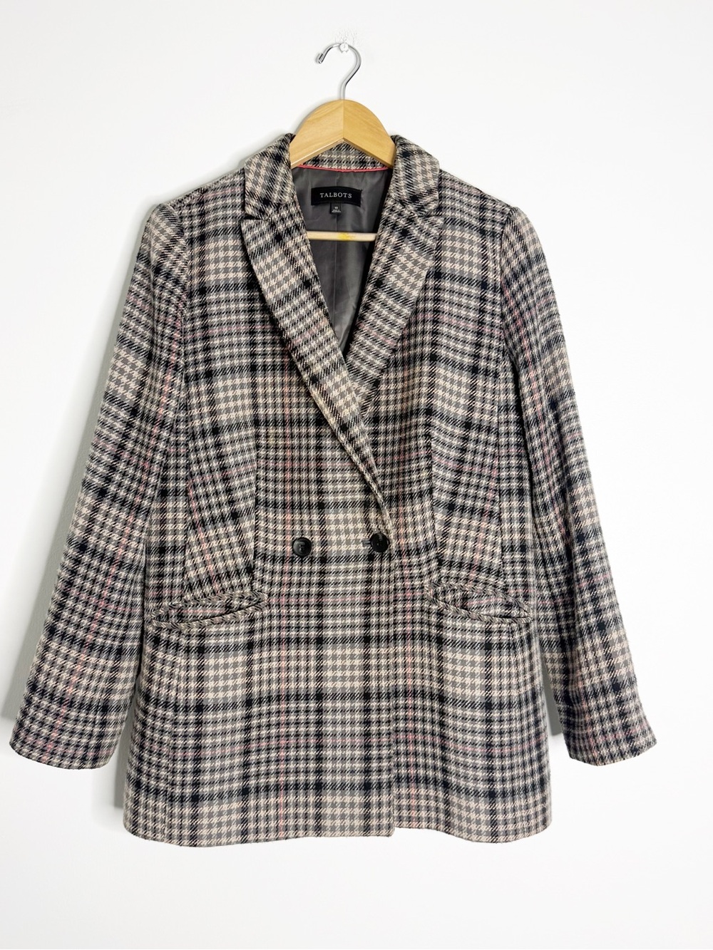 Talbots Size 10 Plaid Double Breasted Blazer Gray Black Pink Tailored Jacket